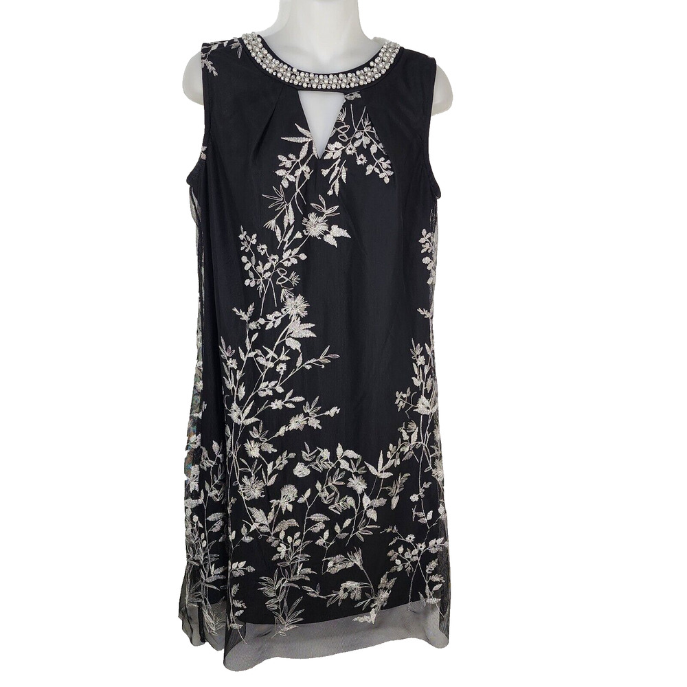 SD Collection Womens Dress Sz 8 Black Floral Embroidered Mesh Overlay Beaded